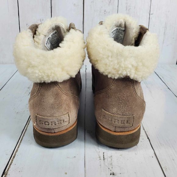 Sorel Harlow Lace Cozy Bootie Tan Suede Sherpa Women's Size 6.5 Winter Boots - Picture 7 of 11